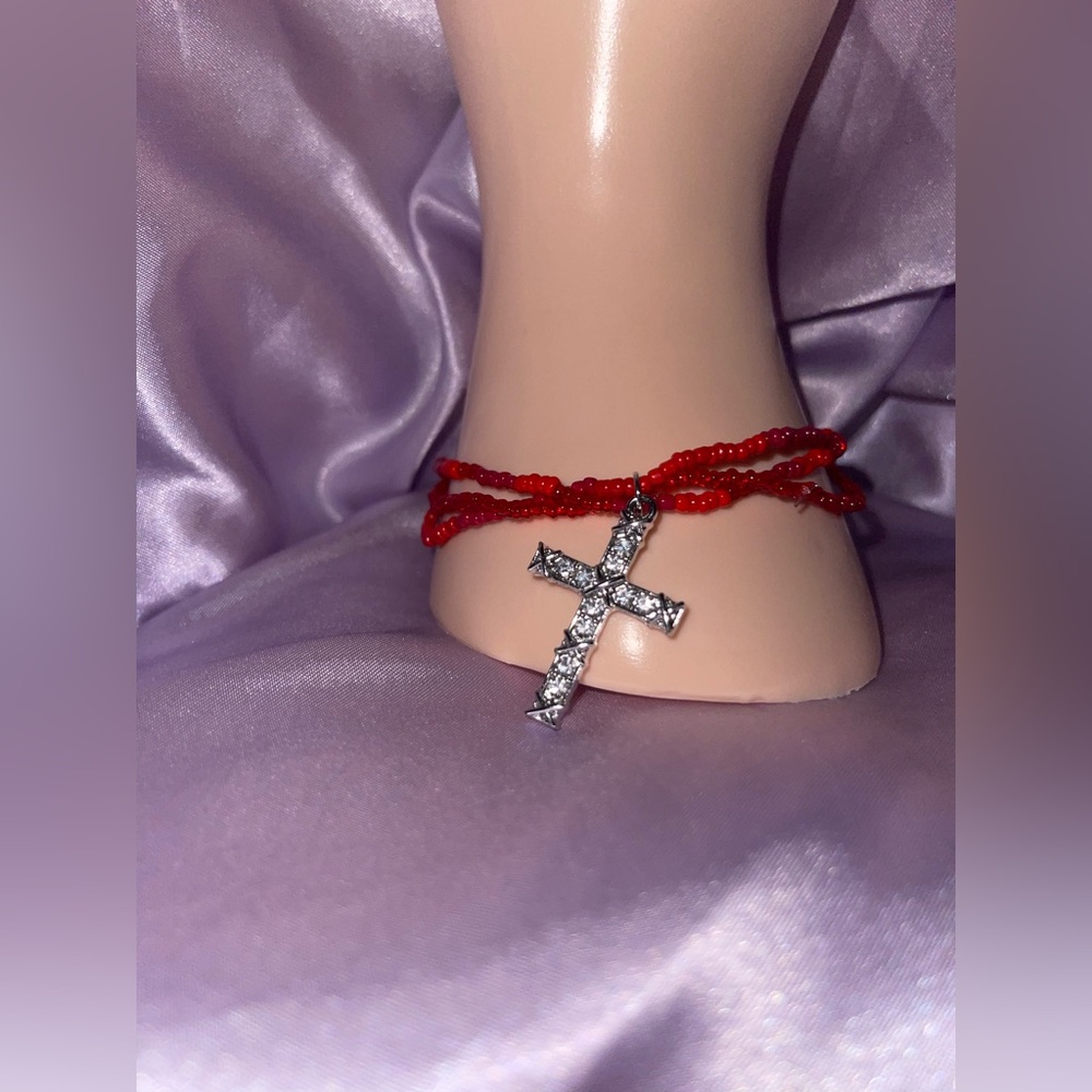 Red protection band with cross charm bracelet